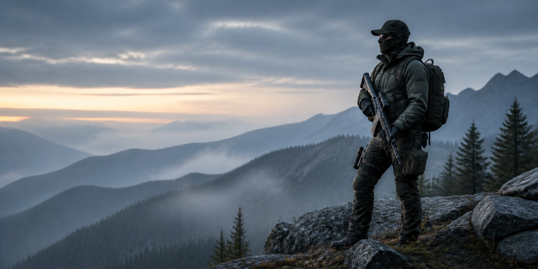 TrueAim Tactical outdoor field gear in a misty mountain landscape